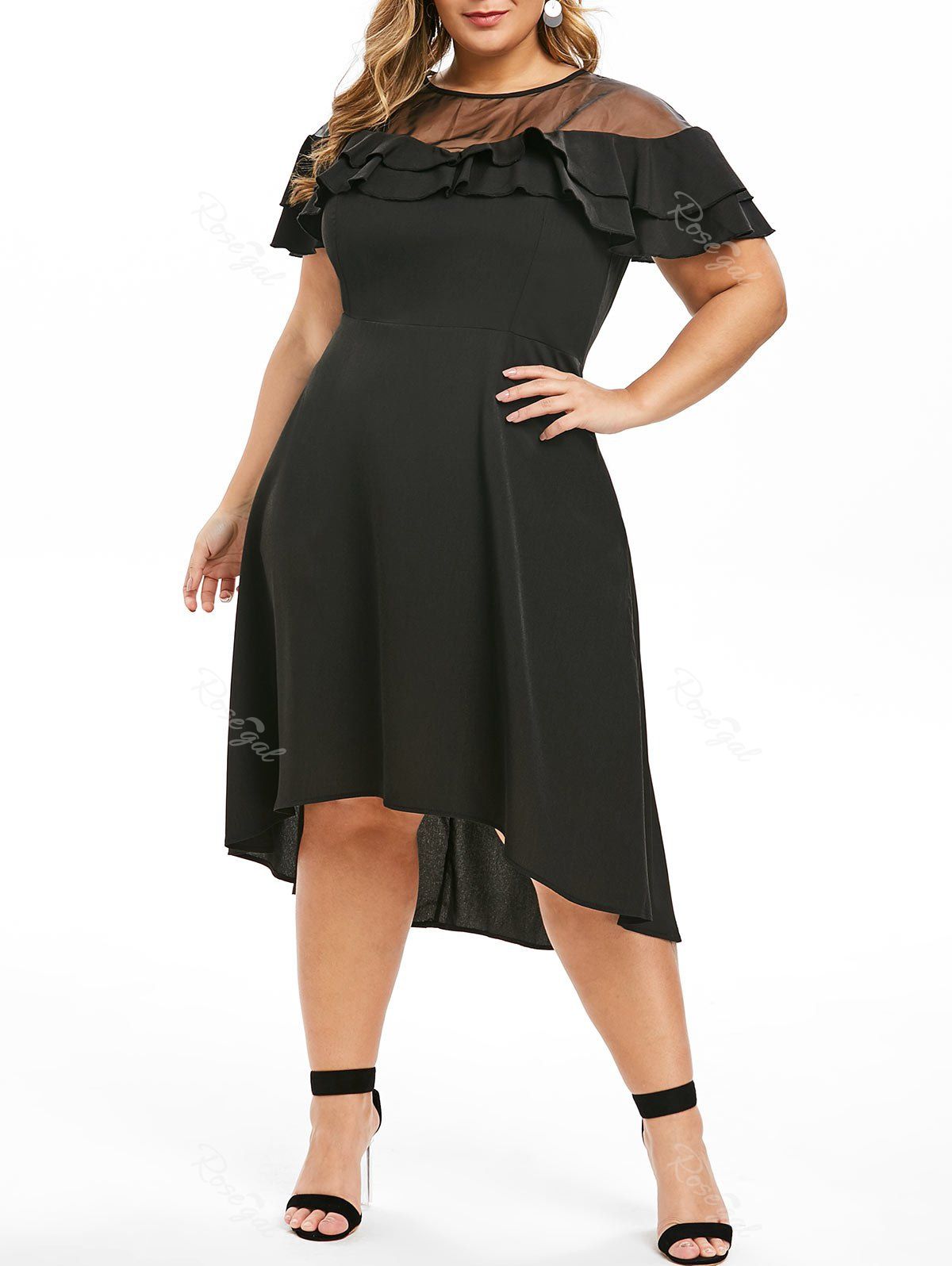 

Plus Size High Low Ruffle Midi Dress, Black