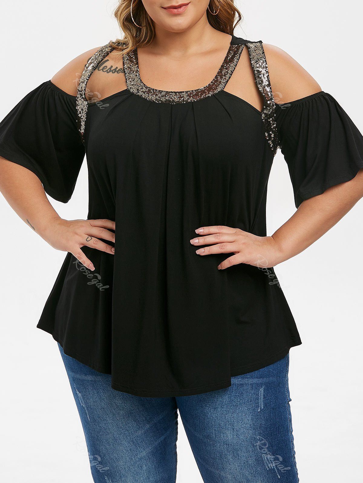 

Plus Size Sequined Open Shoulder Cut Out Tunic Tee, Black