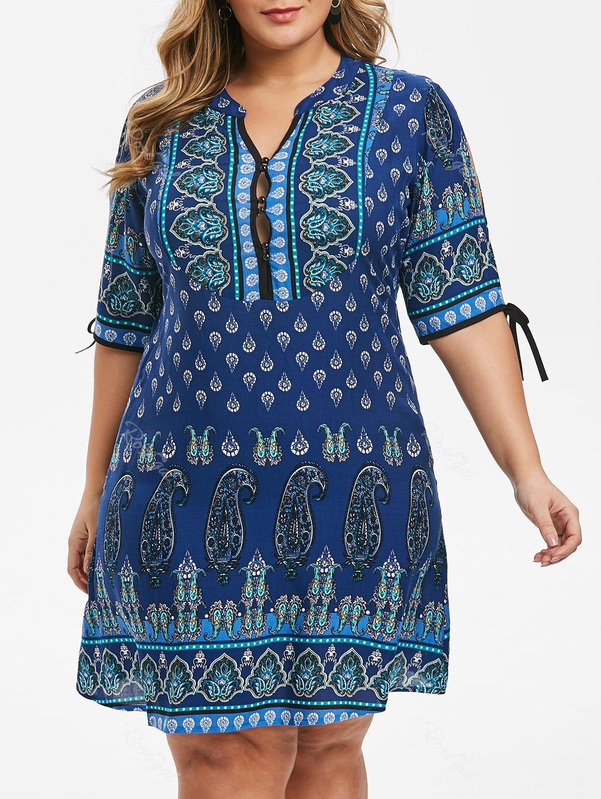 

Plus Size Split Sleeve Paisley Print Dress, Blueberry blue