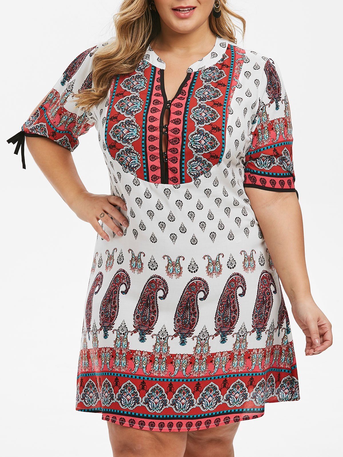 

Plus Size Split Sleeve Paisley Print Dress, White