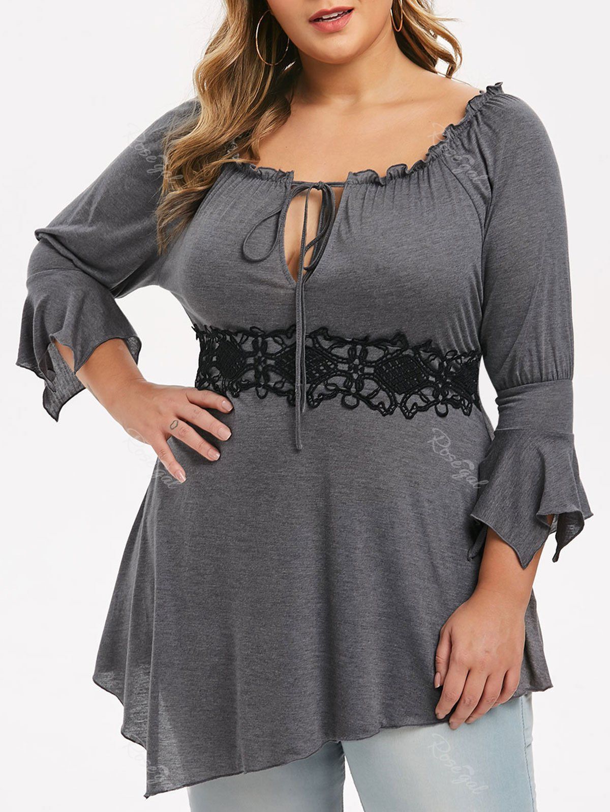 

Plus Size Asymmetrical Flare Sleeve Contrast Lace Off Shoulder T-shirt, Gray