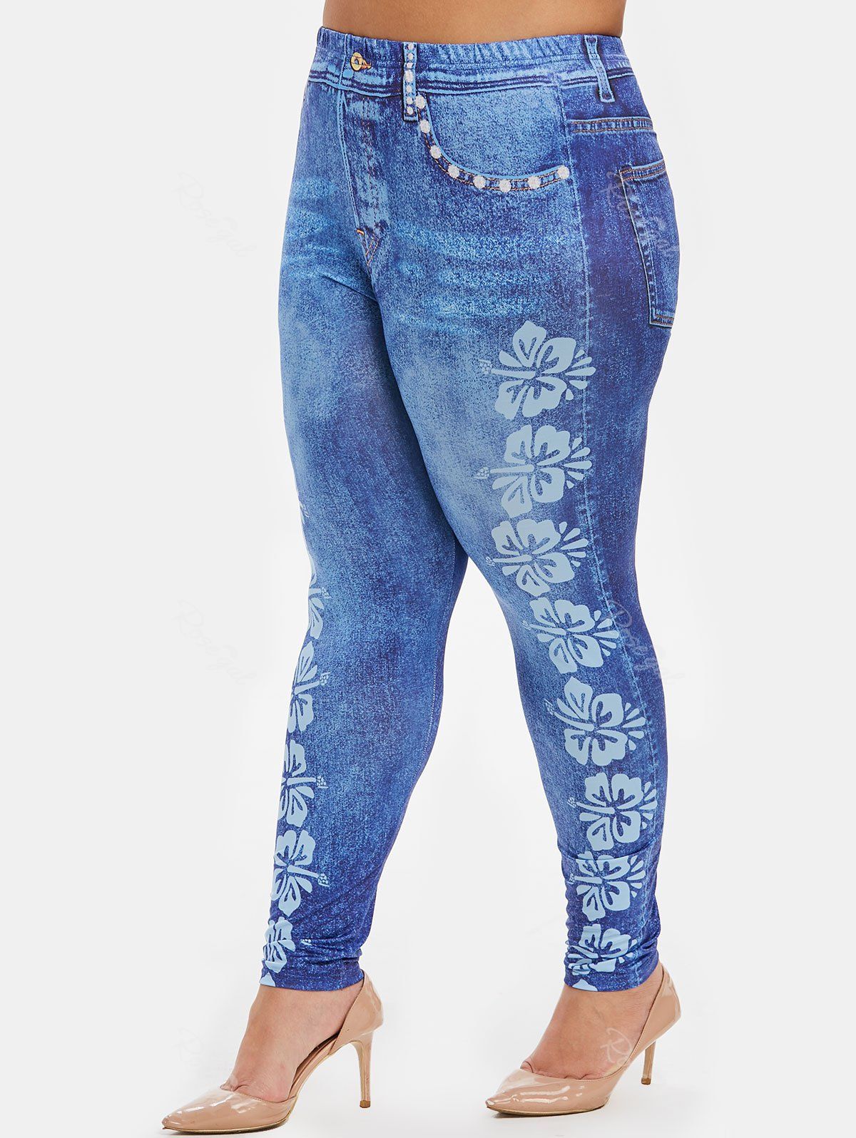 

Plus Size 3D Butterfly Print High Waisted Jeggings, Light sky blue