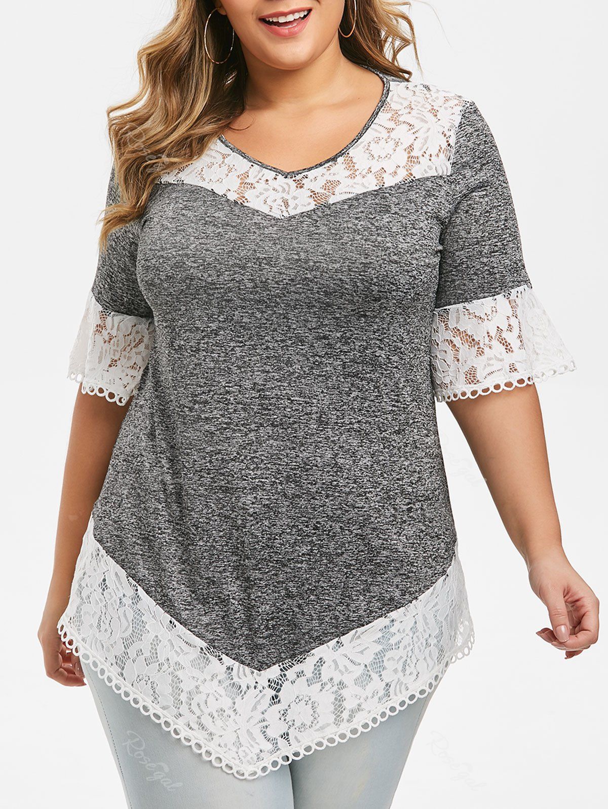 

Plus Size Lace Crochet Marled T-shirt, Battleship gray