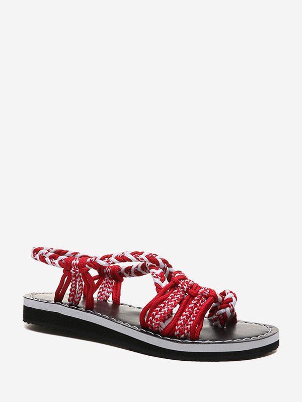 

Color Block Toe Ring Flat Braided Rope Sandals, Red