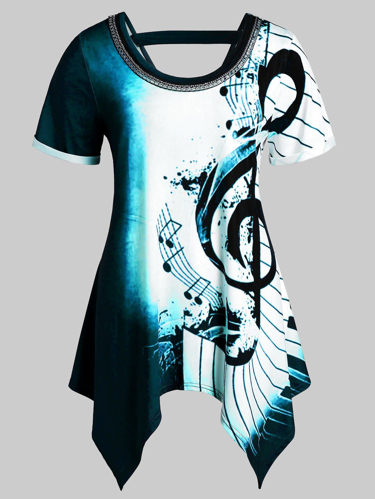 

Plus Size Musical Notes Print Handkerchief Chains Embellished Tee, Multi-d