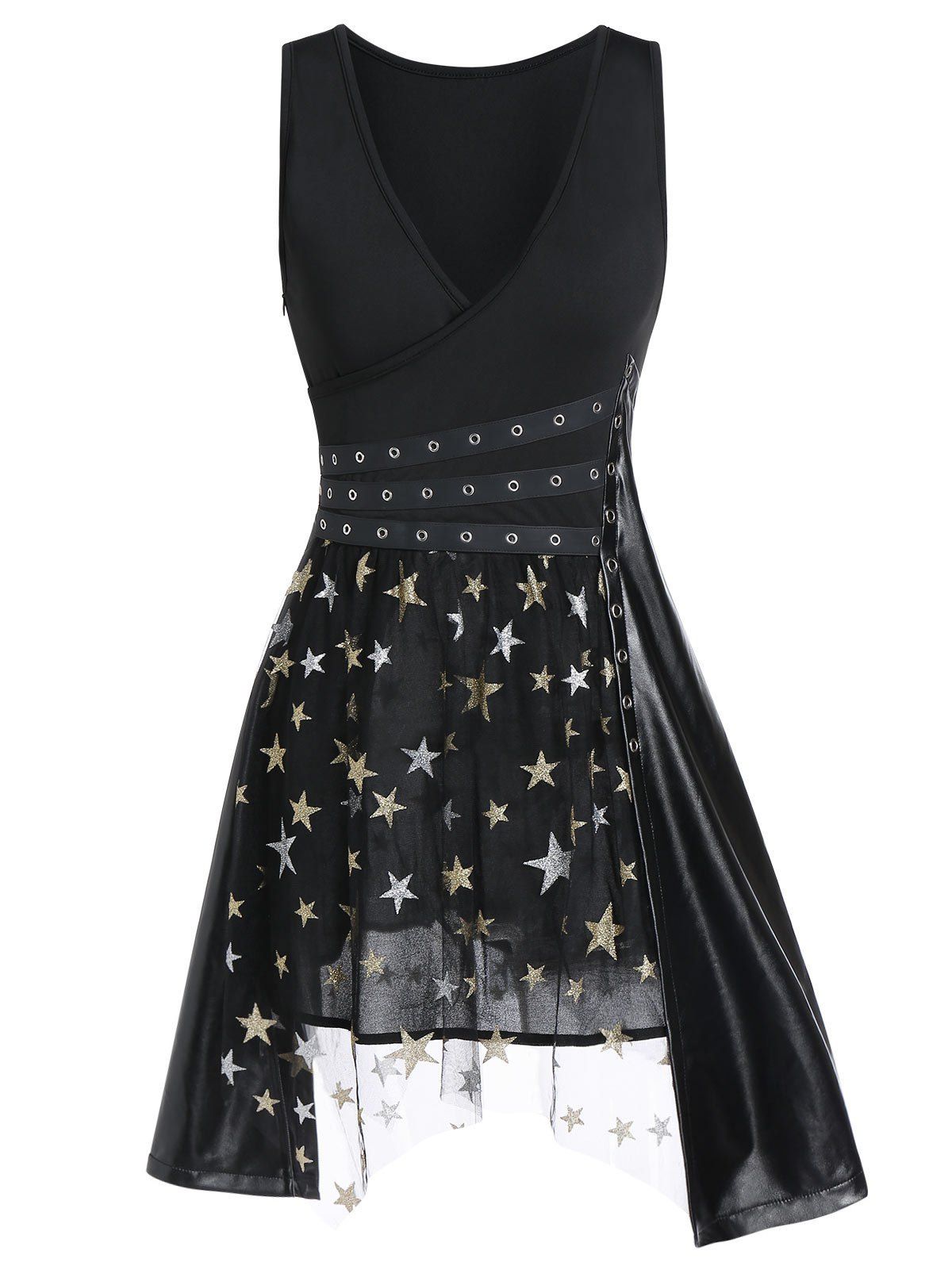 

Star Print Faux Leather Insert Sleeveless Asymmetric Dress, Black