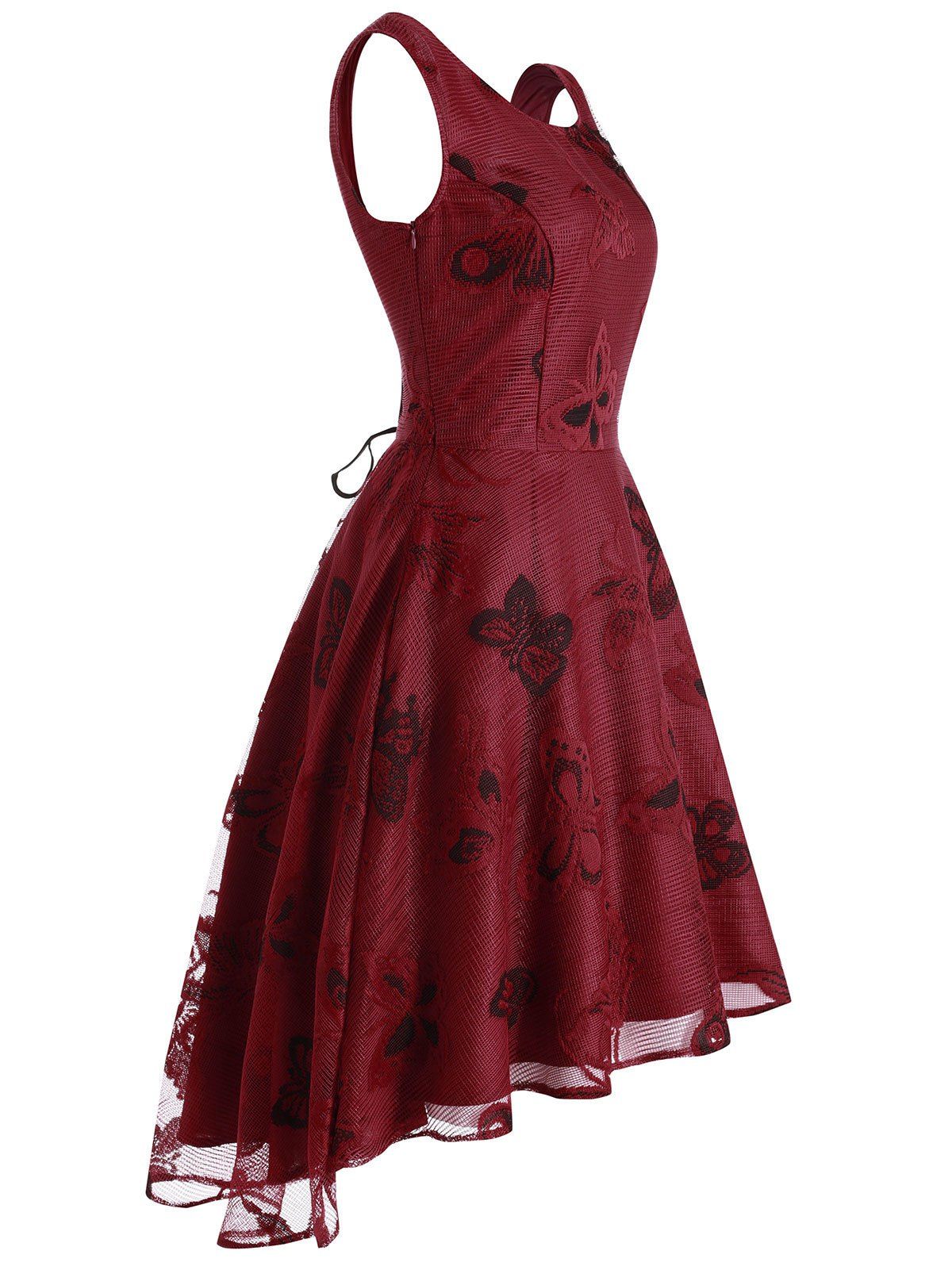 

Butterfly Lace Dip Hem Lace-up Dress, Red wine