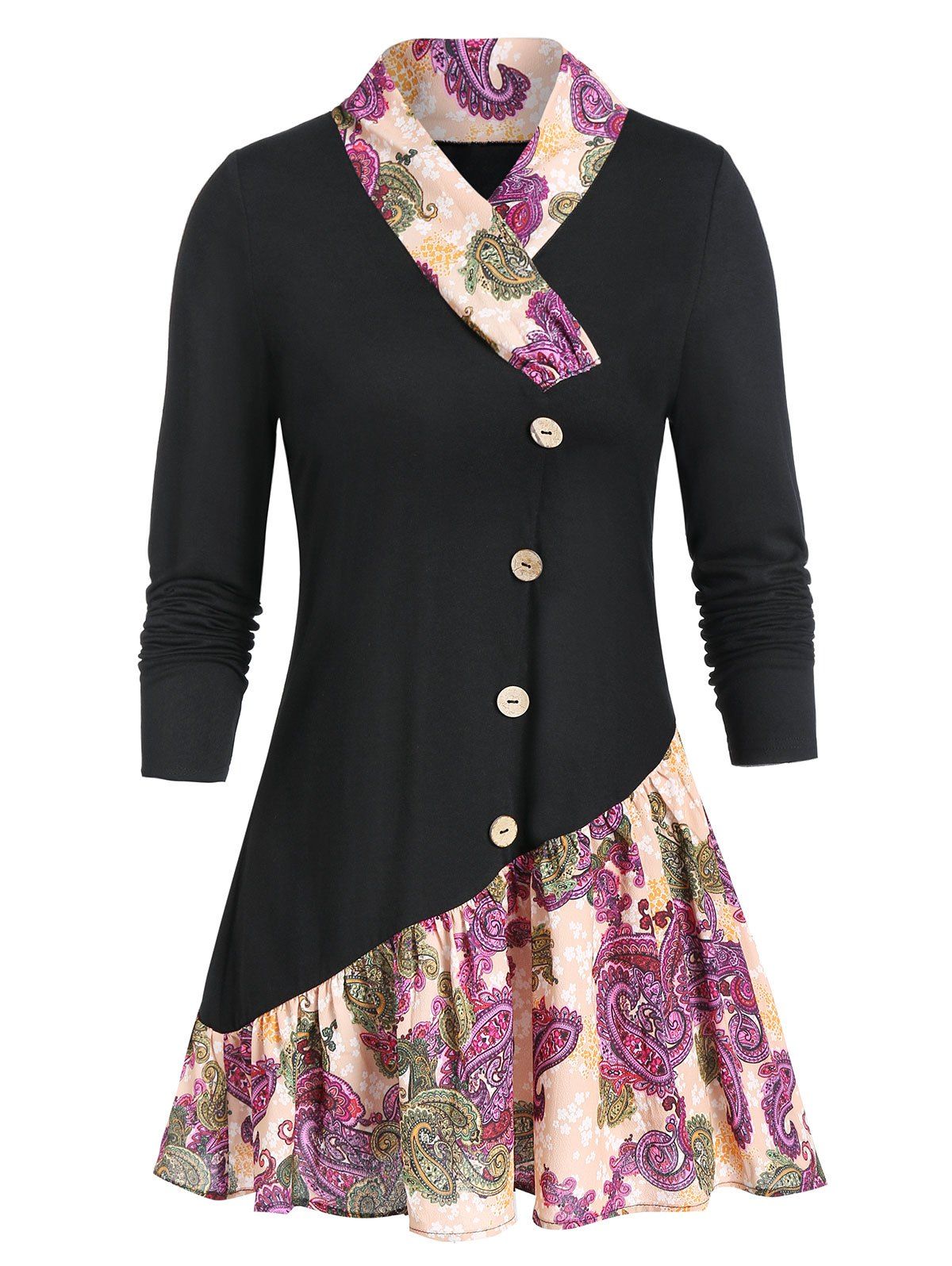 

Paisley Print Shawl Collar A Line Tunic Tee, Black