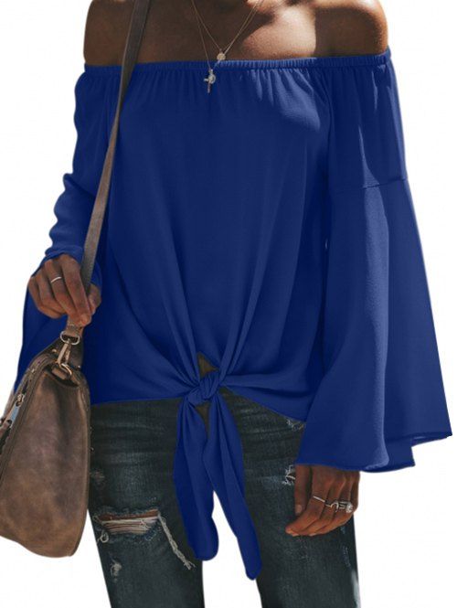 

Off Shoulder Flare Sleeve Knot Hem Blouse, Blue
