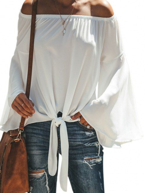 

Off Shoulder Flare Sleeve Knot Hem Blouse, White