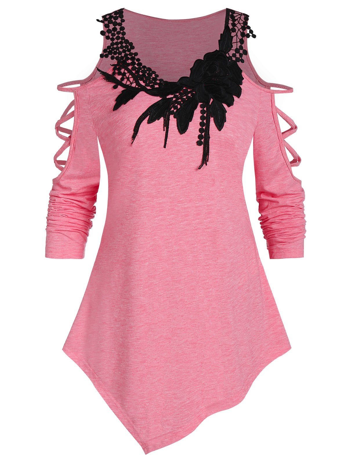 

Cold Shoulder Applique Asymmetrical T Shirt, Pink