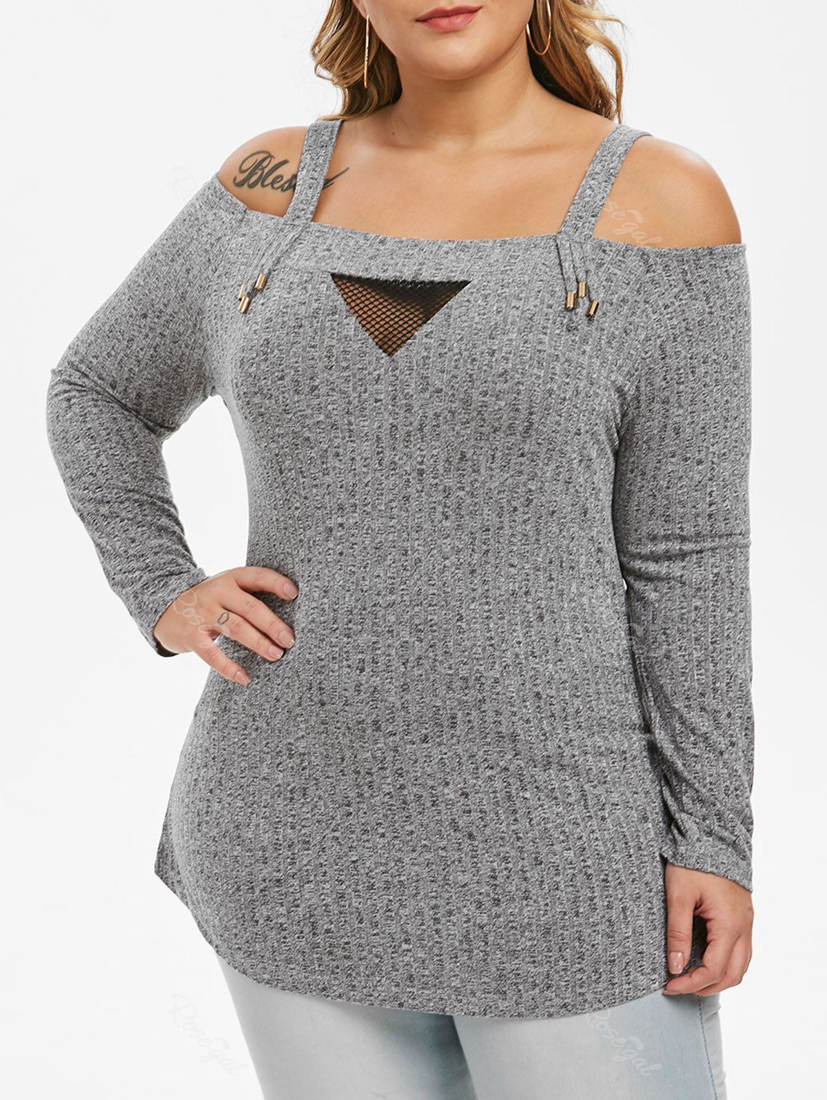 

Plus Size Mesh Panel Cold Shoulder Knitwear, Gray cloud