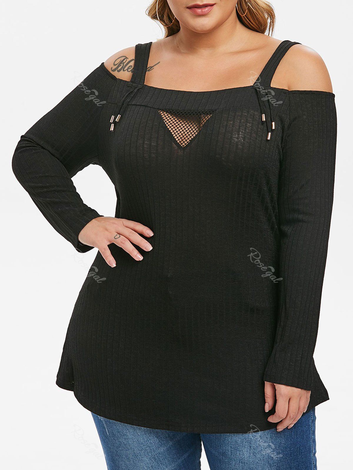

Plus Size Mesh Panel Cold Shoulder Knitwear, Black