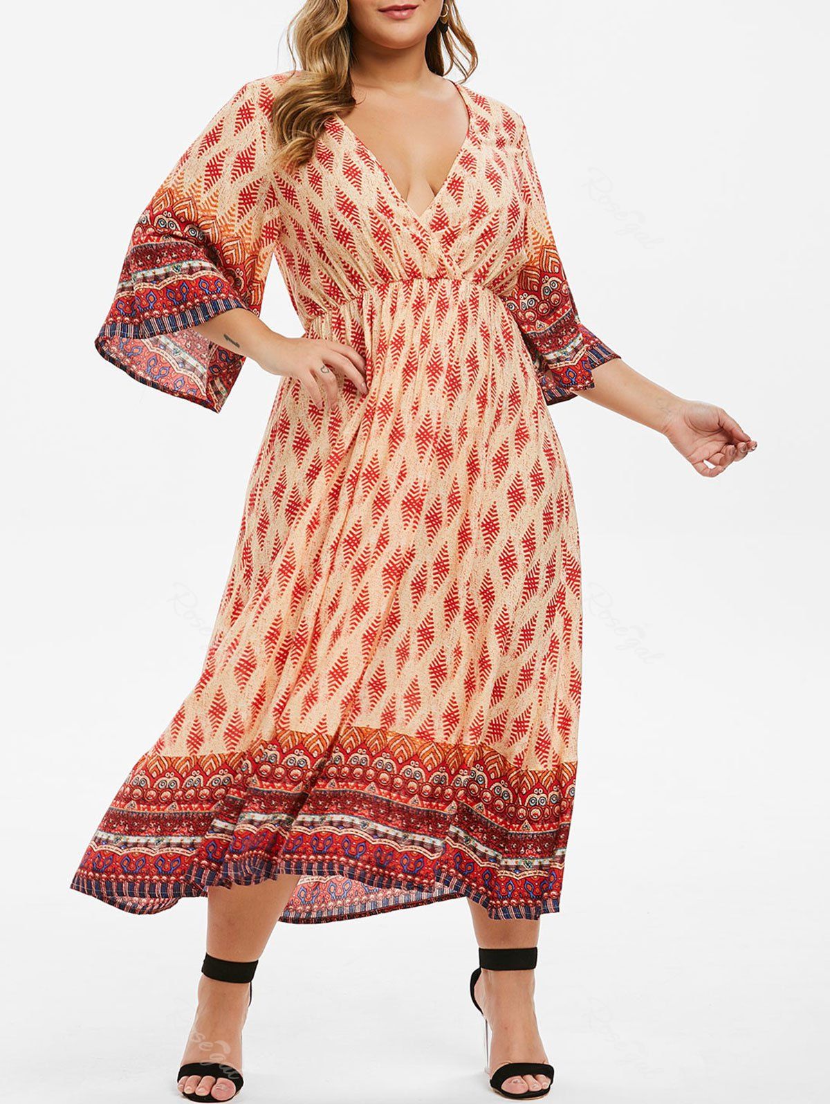 

Plus Size Bohemian Printed Slit Surplice Dress, Tangerine