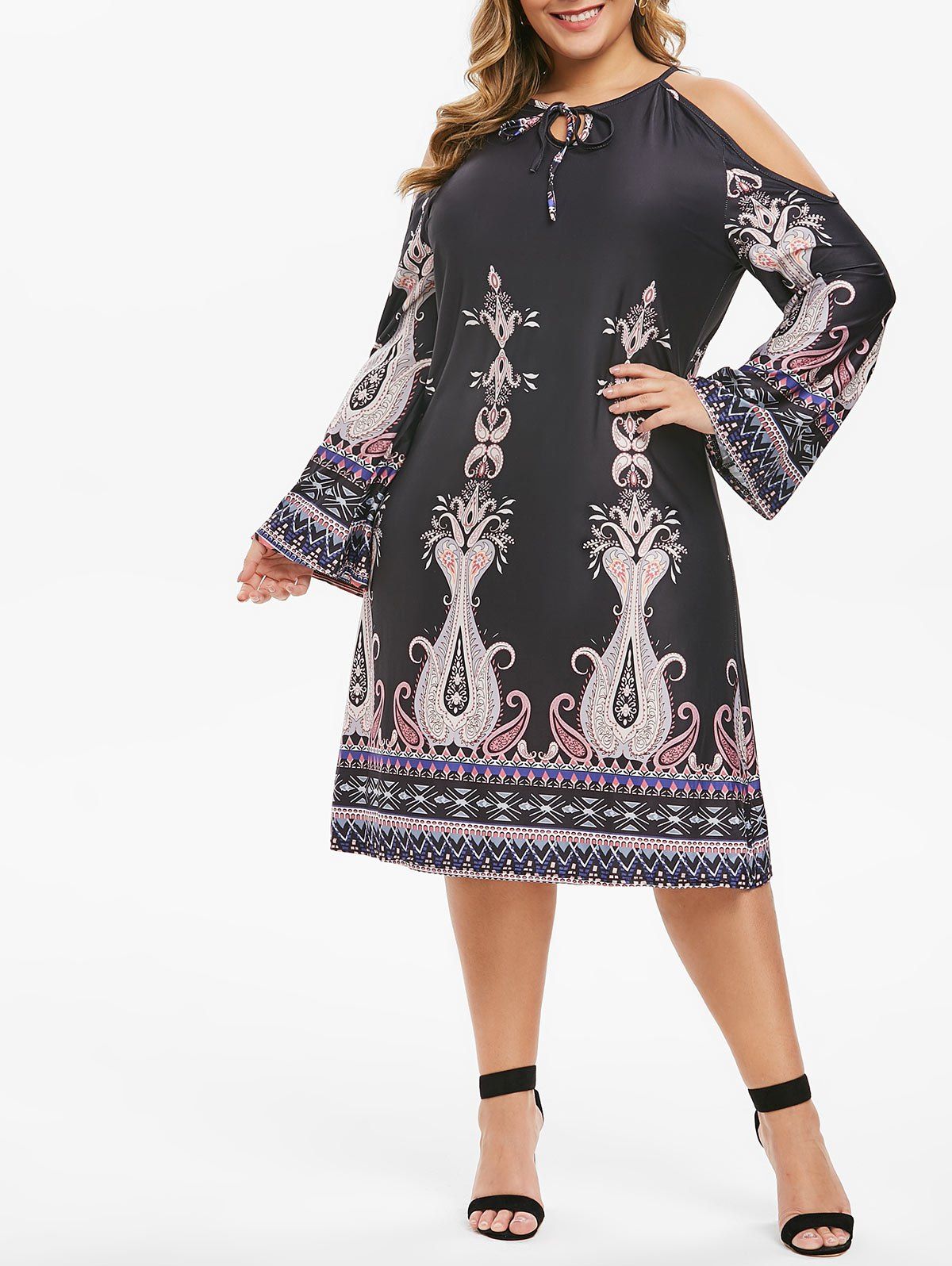 

Plus Size Open Shoulder Ethnic Print Dress, Multi-a