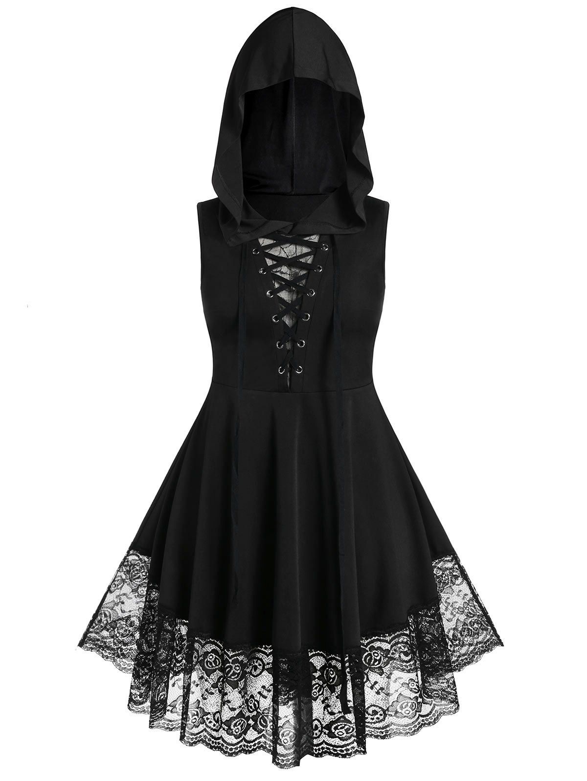 

Plus Size Lace Insert Hooded A Line Vintage Dress, Black