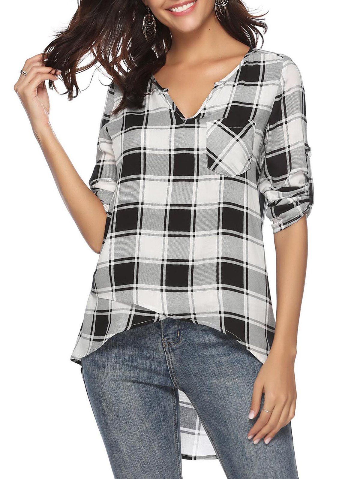 

Roll Tab Sleeves Plaid Pocket Blouse, White
