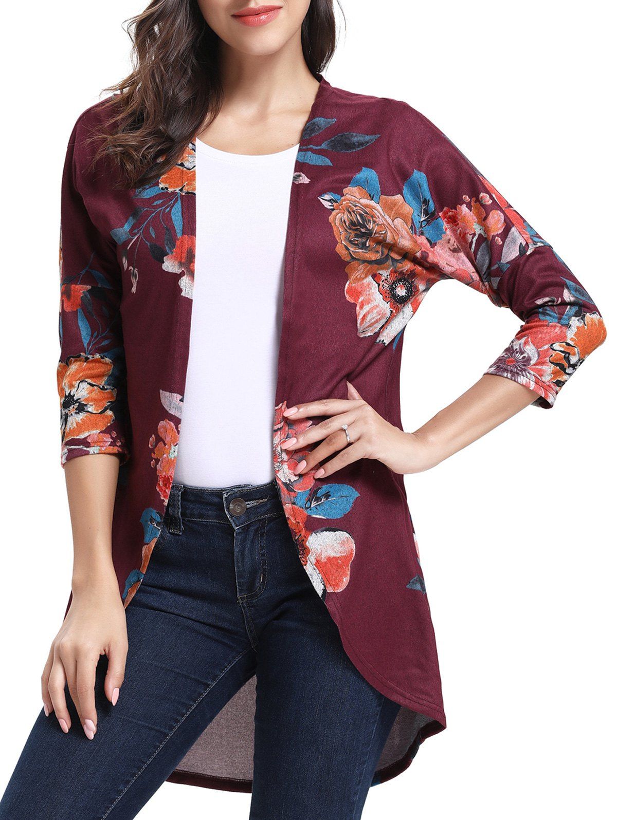 

Floral Print Three Quarter Sleeves Open Blouse, Red wine