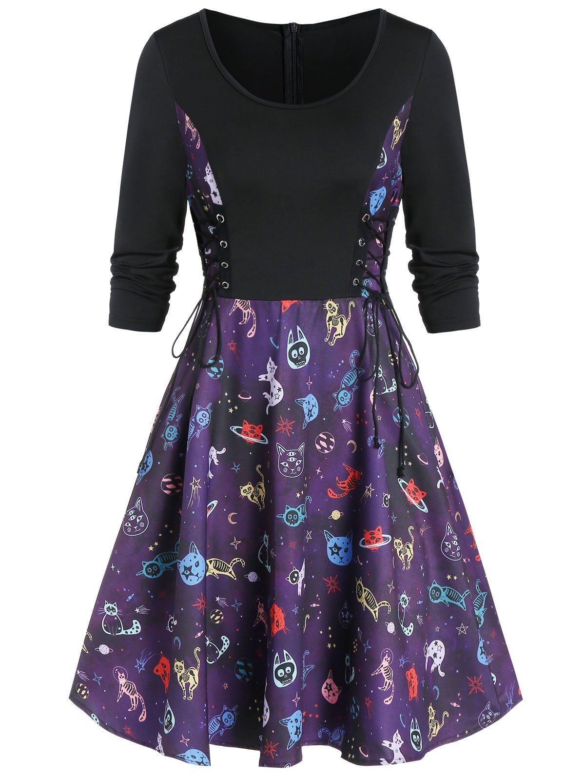 

Lace Up Animal Print A Line Dress, Black
