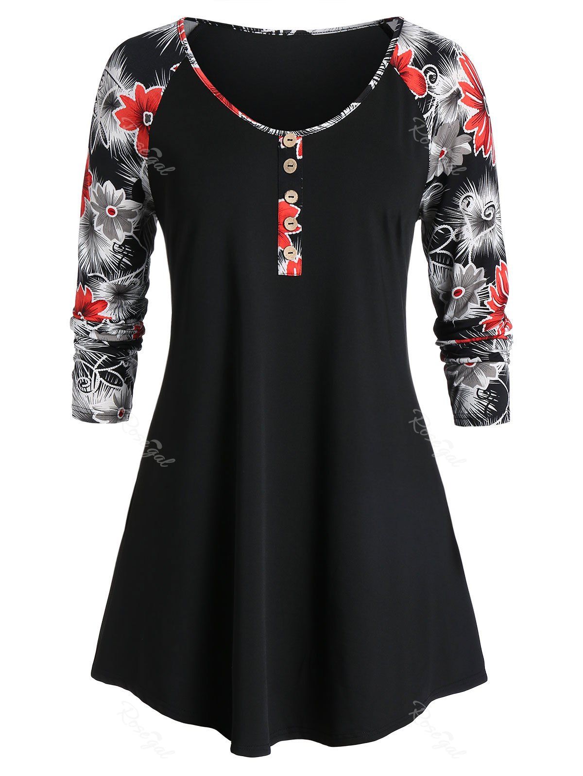 

Plus Size Button Floral Print Raglan Sleeve T Shirt, Black