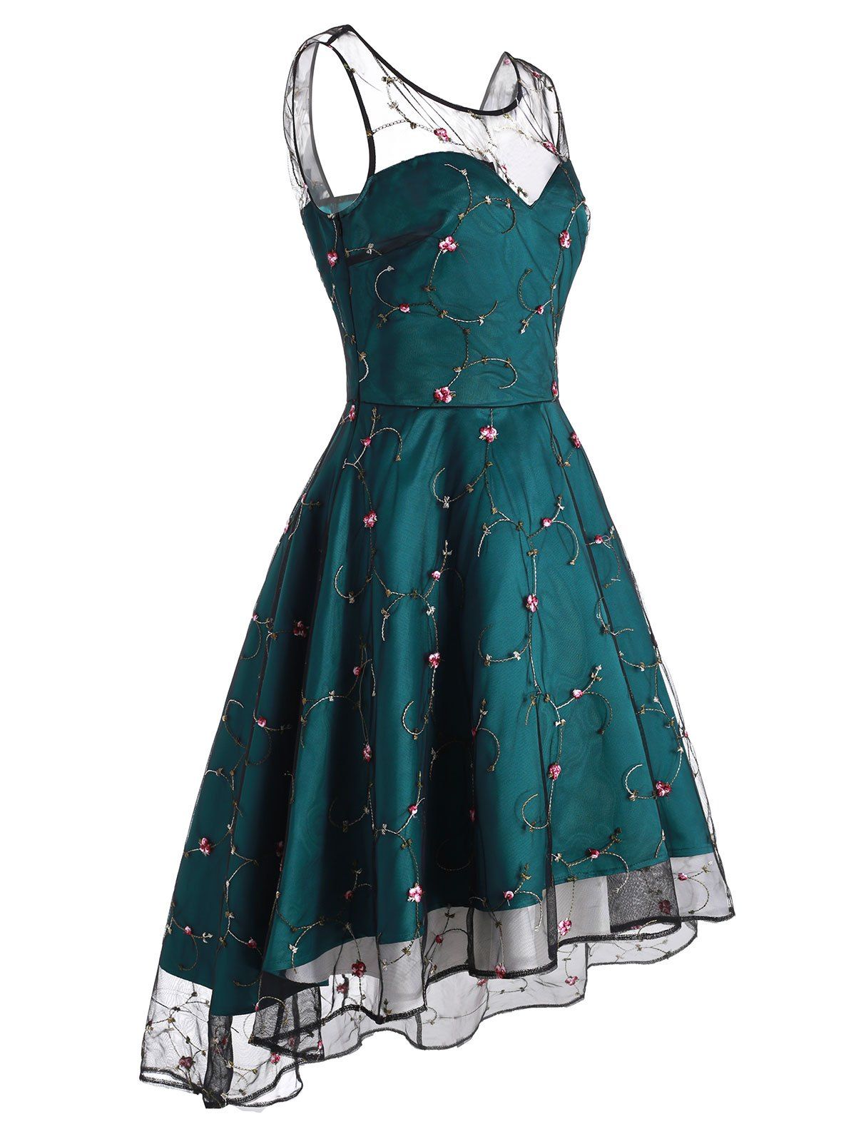 

Floral Embroidered Sleeveless Lace Prom Dress, Dark green