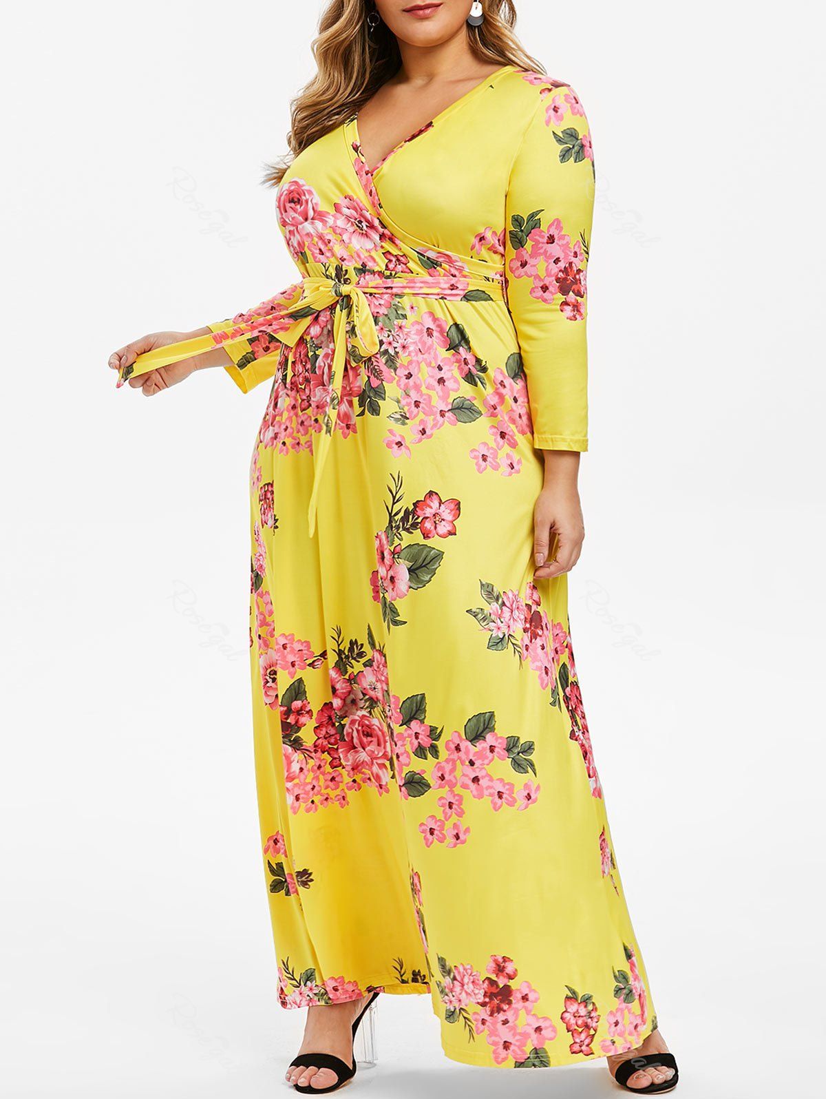 

Belted Floral Surplice Plus Size Maxi Dress, Yellow