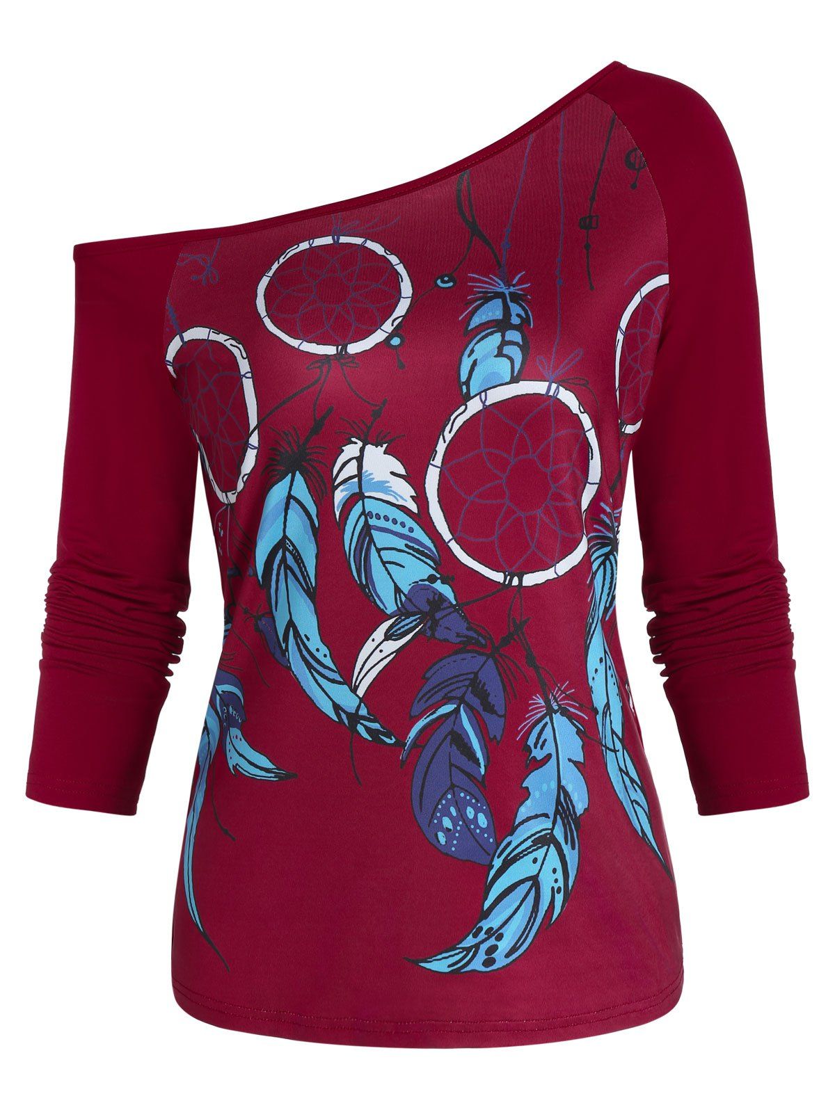 

Skew Collar Feather Print Raglan Sleeve T Shirt, Red wine