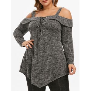 

Space Dye Ribbed Cold Shoulder Lace Up Plus Size Top, Dark gray
