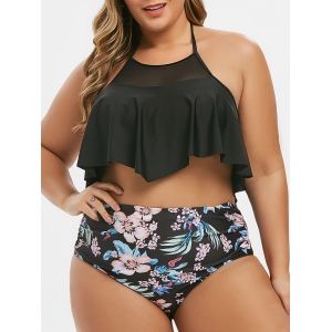 

Plus Size Flower Mesh Insert Tummy Control Bikini Swimsuit, Black