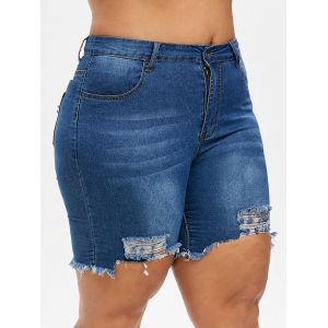 

Plus Size Ripped Frayed Hem Denim Shorts, Lapis blue