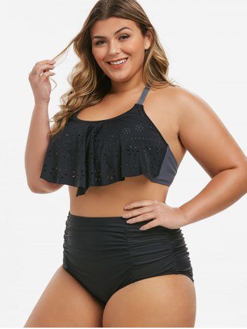 

Plus Size Laser Cut Braided Tummy Control Bikini Swimsuit, Black
