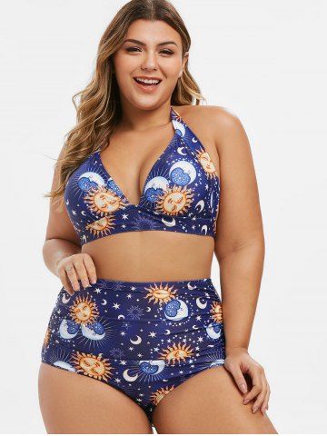 

High Waisted Ruched Star Sun And Moon Plus Size Bikini Swimsuit, Deep blue