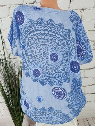 

Batwing Printed Curved Plus Size Blouse, Sea blue