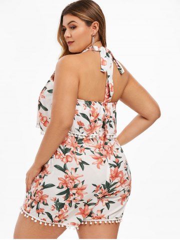 Pompoms Trim Open Back Floral Plus Size Romper, White