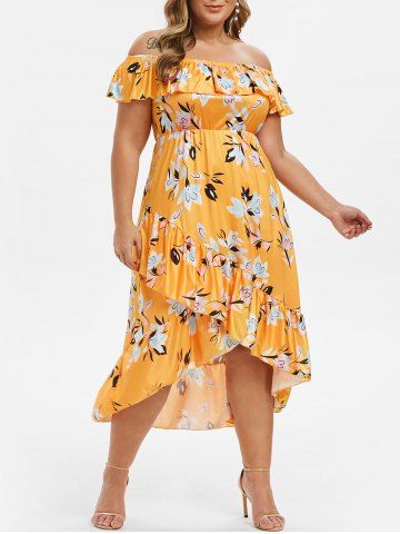 Plus Size Floral Print Empire Waist Ruffled Asymmetrical Dress - SUN YELLOW - 1X