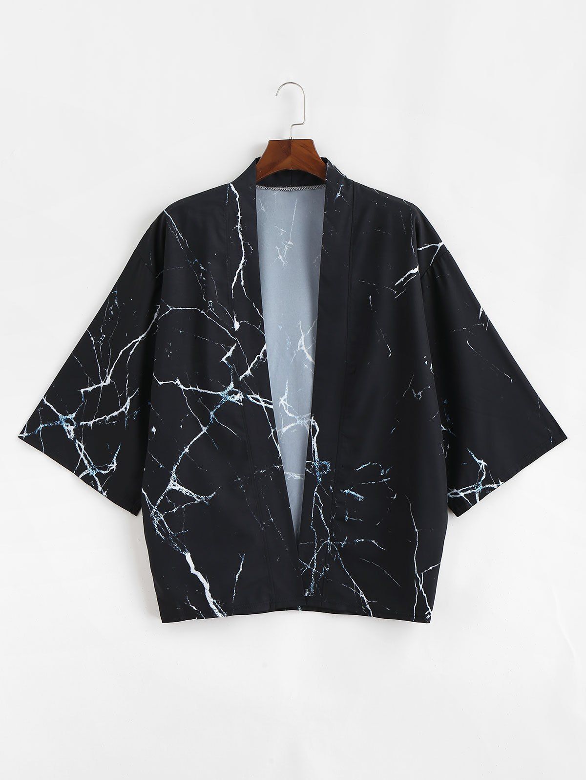 

Marble Grain Print Casual Kimono Cardigan, Black