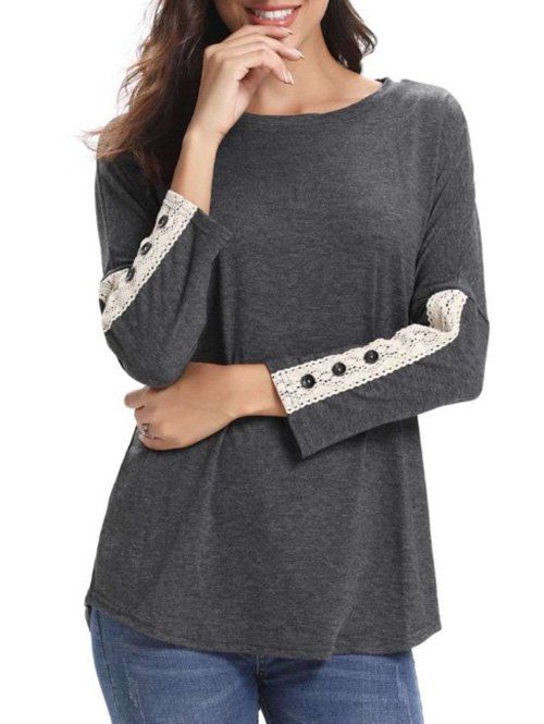 

Lace Panel Buttons Long Sleeves Tee, Gray