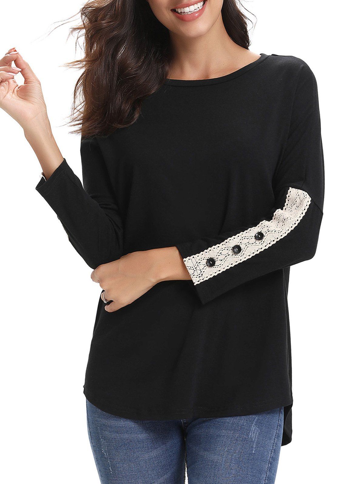

Lace Panel Buttons Long Sleeves Tee, Black
