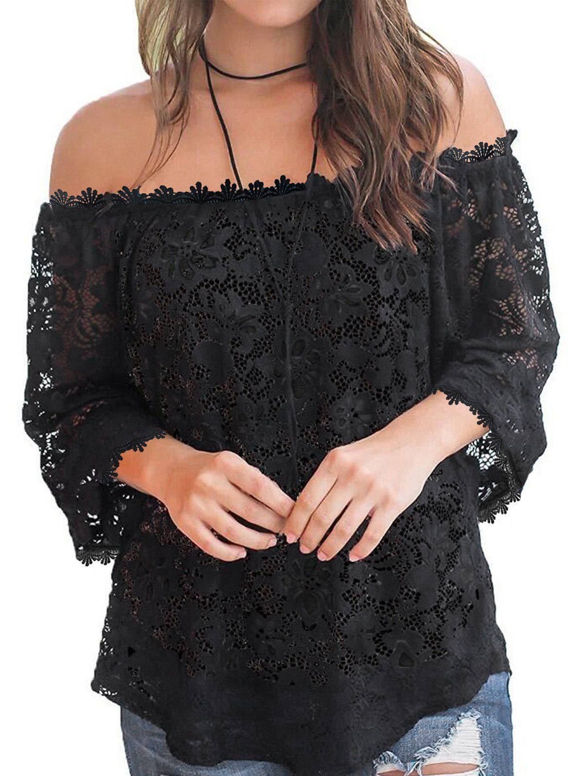 

Off Shoulder Three Quarter Sleeves Lace Blouse, Black