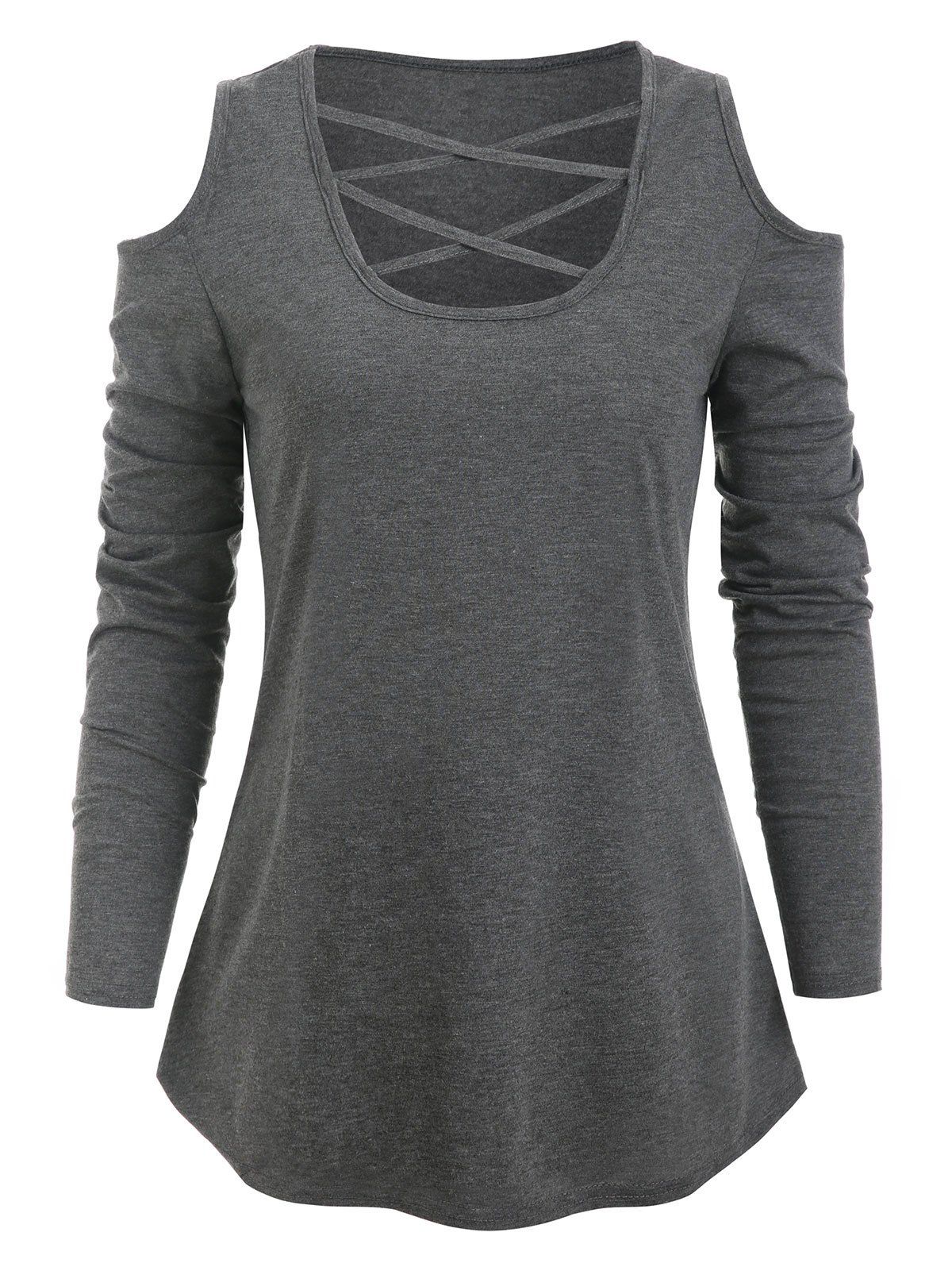

Criss Cross Open Shoulder Plain T-shirt, Dark gray