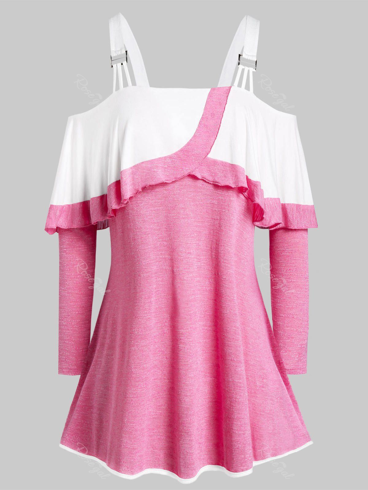 

Plus Size Open Shoulder Contrast Flounce T Shirt, Pig pink