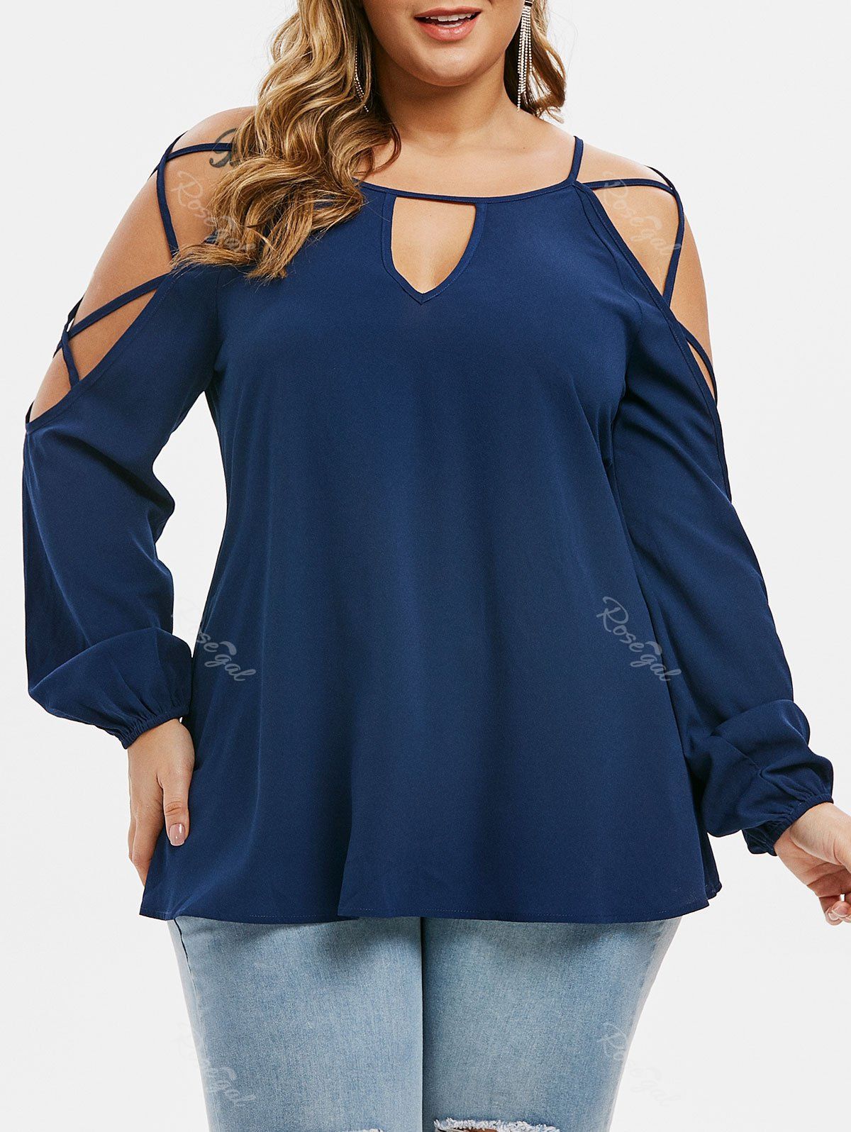 

Plus Size Criss Cross Keyhole Blouse, Cadetblue