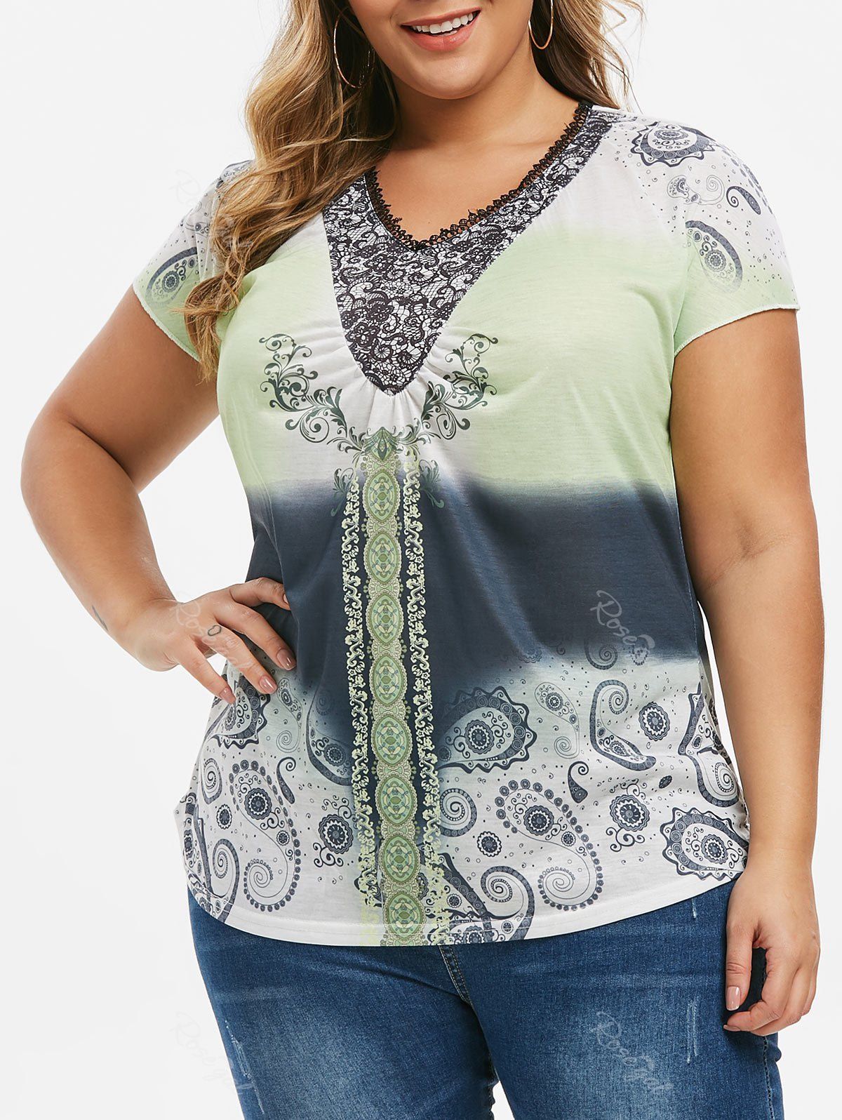 

Plus Size Paisley Print Drop Shoulder Dip Dye Tee, Green peas