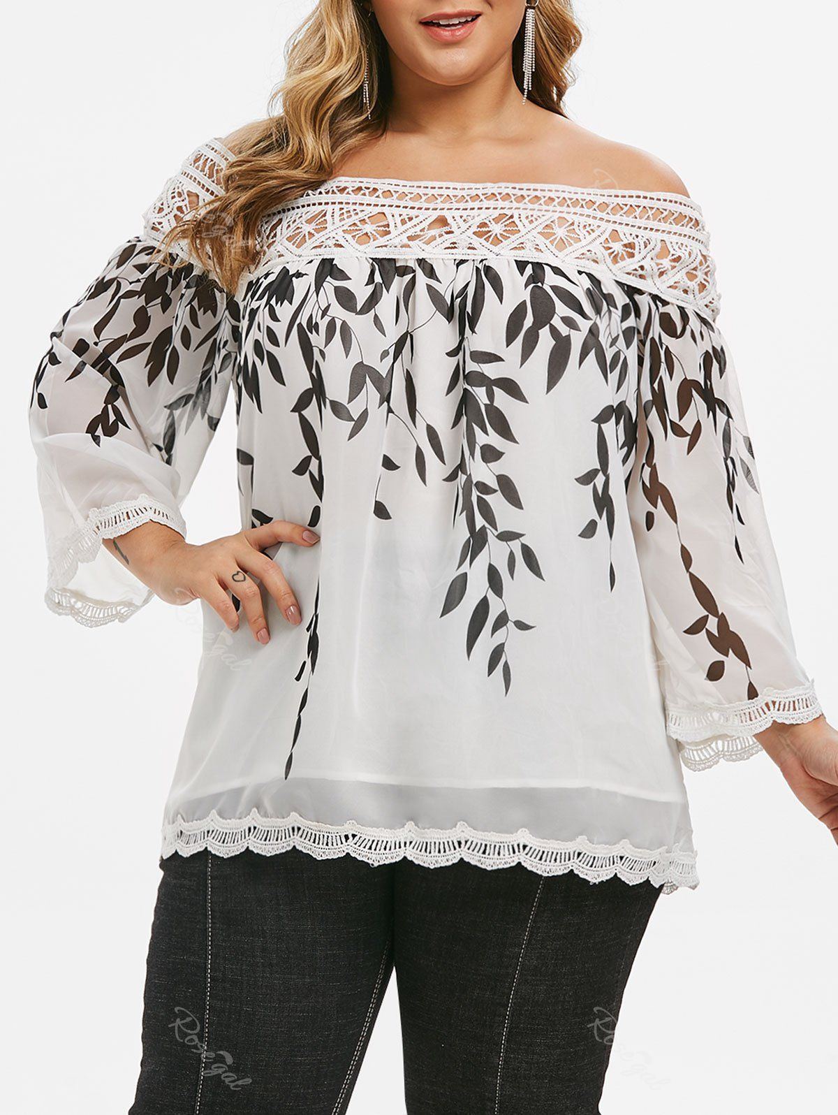 

Crochet Lace Panel Scalloped Leaves Print Plus Size Blouse, White