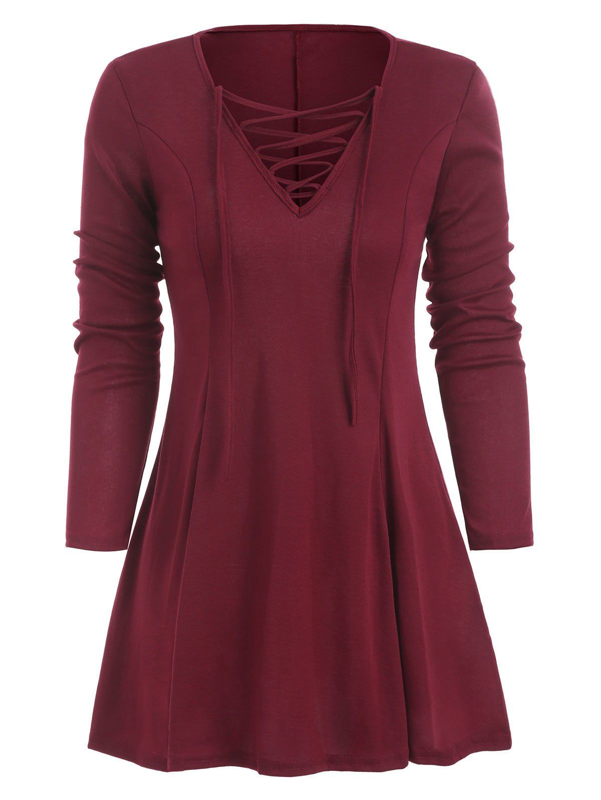 

Lace Up Long Sleeve Skirted T-shirt, Red wine