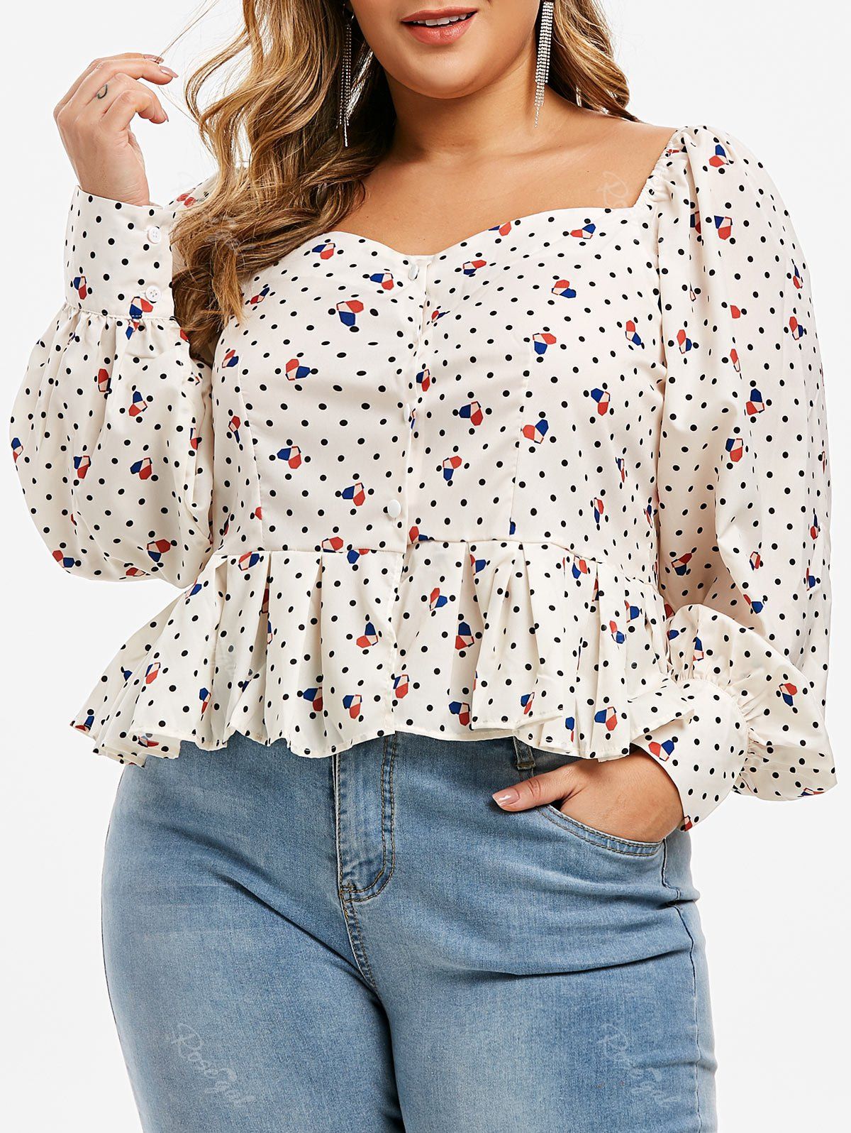 

Plus Size Polka Dot Print Frilled Button Up Blouse, White