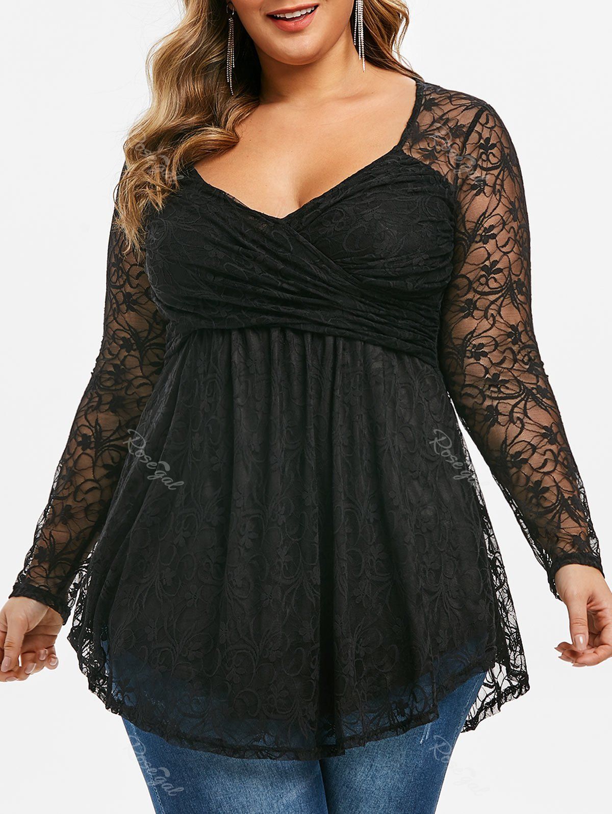 

Plus Size Lace Twisted Longline T-shirt, Black