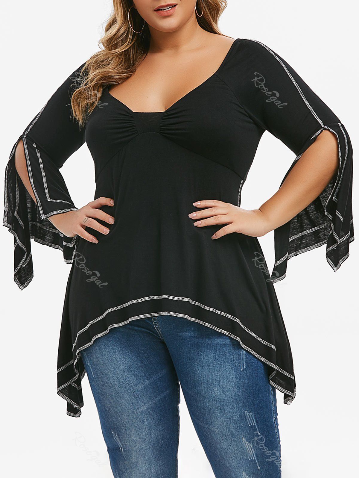 

Plus Size Stitch Edge Flare Handkerchief Sleeve High Low T-shirt, Black