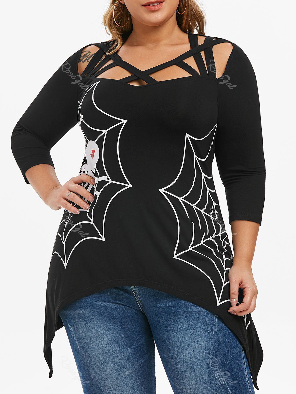 

Plus Size Asymmetrical Spider Web Hollow Out Tunic Tee, Black