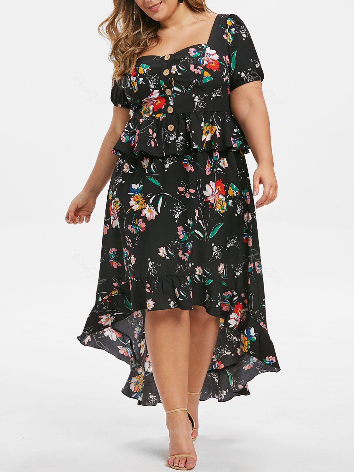 

Button Up Floral High Low Plus Size Two Piece Dress, Black